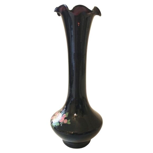 Black Amethyst Vase Glass Bud Transferware Vtg Shiah Yih Ruffled Edge Floral - Picture 8 of 16